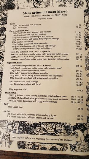 Some vegetarian meals are vegan. The soups are not. at Krcma U dwau Maryi in Cesky Krumlov