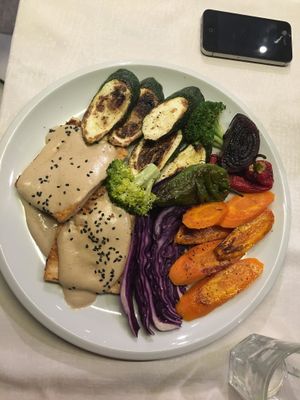 Tofu steak with grilled vegetables. The veggies and the sauce were very good, the tofu was normal. at Origen in San Pedro De Alcantara