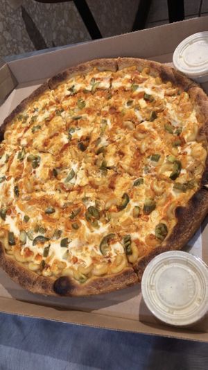 Vegan Mac and cheese & jalapeño pizza  at Pizza & Sub Stop in Lowell