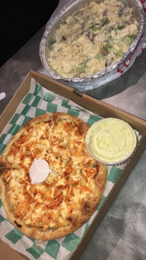 Vegan pizza and Mac and cheese  at Pizza & Sub Stop in Lowell
