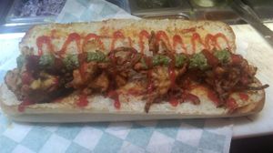 Vegan Kanda-Bhajji on our vegan wheat roll.  at Pizza & Sub Stop in Lowell