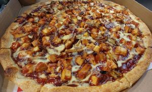 Vegan BBQ Chicken Bacon Pizza: Vegan Chicken and Vegan Bacon on BBQ Sauce with Vegan Cheese. at Pizza & Sub Stop in Lowell