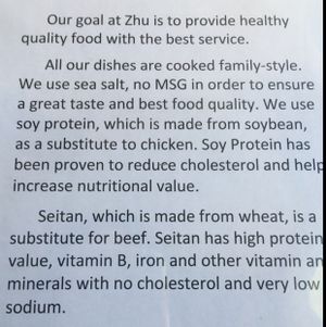 mission statement  at Zhu's Vegan Kitchen in Arlington