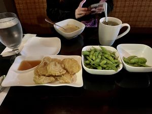 Nuggets, edamame, and miso starters  at Zhu's Vegan Kitchen in Arlington