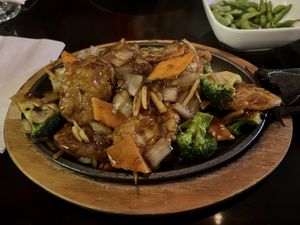 Soy cutlet sizzling platter  at Zhu's Vegan Kitchen in Arlington