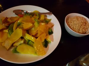 Soy protein and mango sauce at Zhu's Vegan Kitchen in Arlington