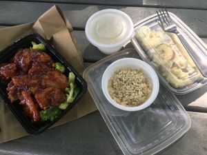 General Tso’s and vegetable tempura with Miso soup and rice at Zhu's Vegan Kitchen in Arlington