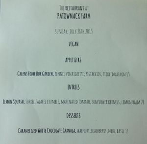 Sample custom vegan menu - The Restaurant at Patowmack Farm at The Restaurant at Patowmack Farm in Lovettsville