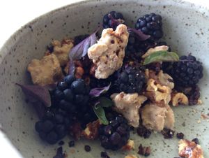 Sample vegan dessert - carmelized white chocolate granola with walnuts, blackberry, nibs, and basil. at The Restaurant at Patowmack Farm in Lovettsville