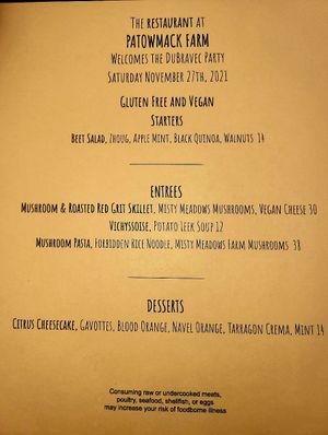 Menu at The Restaurant at Patowmack Farm in Lovettsville