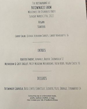 Our vegan choices  at The Restaurant at Patowmack Farm in Lovettsville