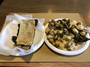Spinach pizza, potato and ginger tofu, orecchiette  pasta at Radicetonda - Piazza Buozzi in Milan