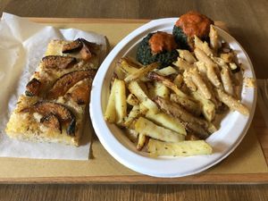 Pumpkin focaccia, rosemary potatoes, penne with carbonara, spinach muffins at Radicetonda - Piazza Buozzi in Milan