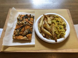 Pumpkin focaccia, roast potatoes, fried rice at Radicetonda - Piazza Buozzi in Milan