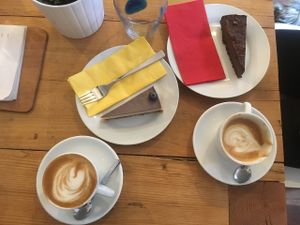 Raw cheesecakes and divine cappuccino with planmilk at Schondorf Bio Cafe in Bratislava