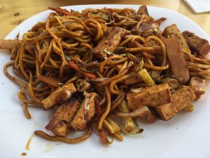 My giant portion of noodles with lots of vegetables and tofu at BS Street Food in Banska Stiavnica