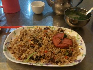My plate of rice. Simple and good food (egg and fake meat) at Vegetarian 1000 in Phnom Penh