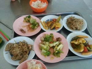 soy meat with ginger, cabbage, baby corn with sweet paper and pineaple, rice, all food in foto 3$ at Vegetarian 1000 in Phnom Penh