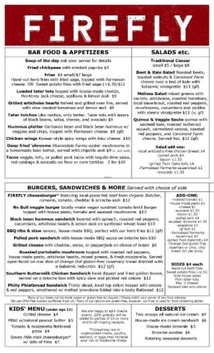 Menu at Firefly in Charlottesville