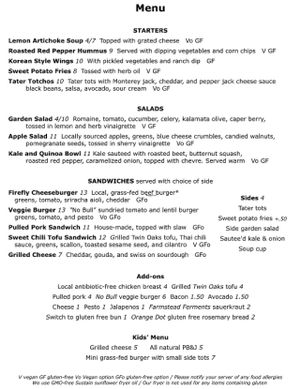 Menu - Updated November 2016 at Firefly in Charlottesville