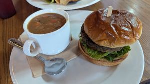 NO BULL VEGGIE BURGER-
Locally made mushroom & lentil veggie burger,
lettuce, tomato, and house pesto
Served on a vegan brioche bun. Also shown Vegan Chili Cup at Firefly in Charlottesville