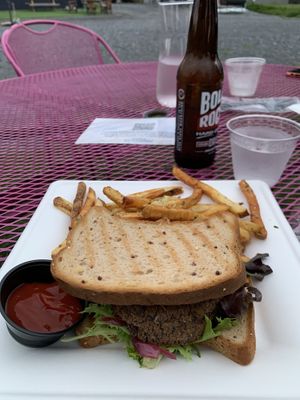 Quinoa burger and fries at MoonShadow in Mchenry