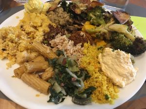 Main dish with some 20 different types of food from buffet at 100% Bio in Rome