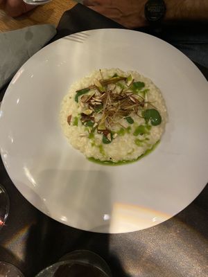 Risotto con crema di porri spinaci e porro fritti  at 100% Bio in Rome