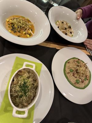 Carrot ginger soup, celeriac purée, broccoli temballo, risotto with leaks  at 100% Bio in Rome