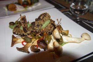 Blini made of cauliflower and parsnip, served with mushrooms (vegan) at Herzenslust in Saarbrucken