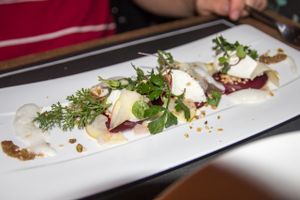 Goat's cream cheese with beetroot, apple and grapes (vegetarian) at Herzenslust in Saarbrucken