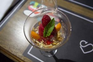 Raspberry sorbet with sparkling wine (vegan) at Herzenslust in Saarbrucken