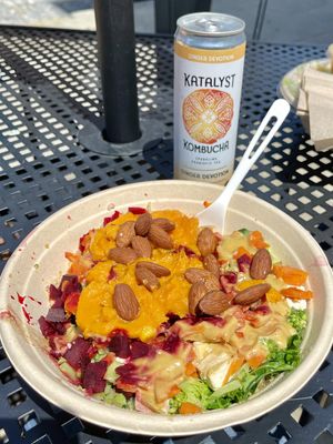 Rainbow Harvest Bowl, “to go”, it’s delicious and prettier when you get it “for here”.  at Life Alive Organic Cafe in Lowell