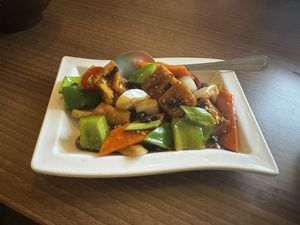 Tofu and mixed veg in black bean sauce  at Peaches Restaurant in Newcastle-under-lyme
