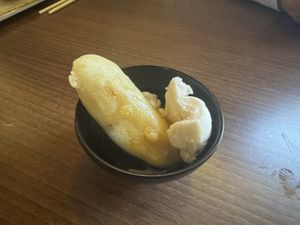 Banana fritter with vegan vanilla ice cream  at Peaches Restaurant in Newcastle-under-lyme