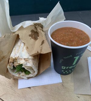 gazpacho & feta and eggplant roll.  at Green 13 - Besarabsky Market in Kyiv