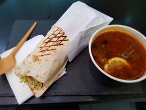 No-fish roll and "Solyanka" soup. at Green 13 - Besarabsky Market in Kyiv