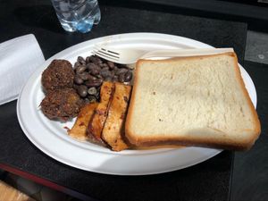 A few sides for my 8 year daughter. Toast, falafel, black beans and tofu bacon at Green 13 - Besarabsky Market in Kyiv