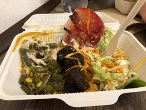 Terrible really. Supposed to be a Buddha bowl with fresh vegetables, peanut sauce and seitan. Was turned falafel, canned beans and corn and ice cold hummes at Green 13 - Besarabsky Market in Kyiv