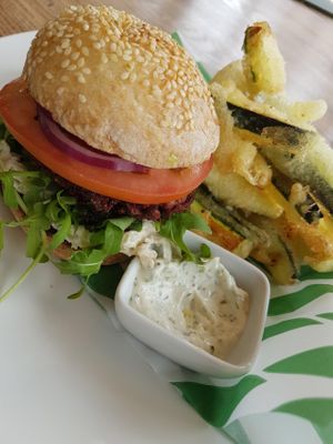 Beetroot burger, courgette fries, garlic aioli. Simple food done well. at Rootcandi in Brighton
