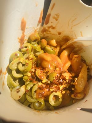 Vegan pasta with added olives and chilli flakes  at Dal Moro's Fresh Pasta To Go in Venice