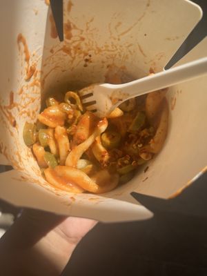 Vegan pasta with added olives and chilli flakes  at Dal Moro's Fresh Pasta To Go in Venice