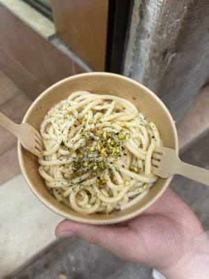 Vegan olive oil pasta with chilli flakes & pistachio!   at Dal Moro's Fresh Pasta To Go in Venice