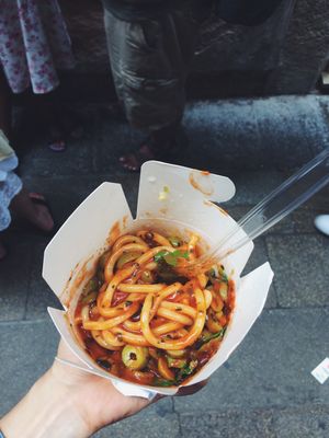 Pasta is with tomato hot chilli sauce, olives, garlic and basal for 6,50 euros. at Dal Moro's Fresh Pasta To Go in Venice