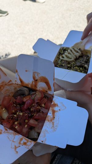 Vegan arabiata and aglio olio + added mushrooms at Dal Moro's Fresh Pasta To Go in Venice