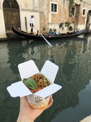 Vegan Option - Napoletana sauce with pasta + green olives + mushrooms  at Dal Moro's Fresh Pasta To Go in Venice