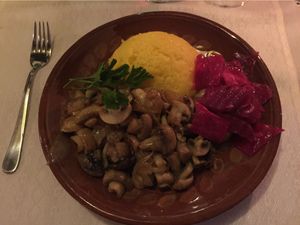 Mushrooms stew with polenta at Vatra Neamului in Chisinau