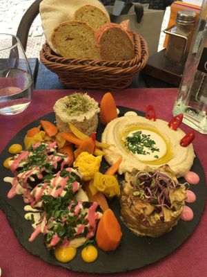Mix vegan platter (babaganoush, humus, 2 types of falafel, aubergine caviar) at Aubergine in Bucharest