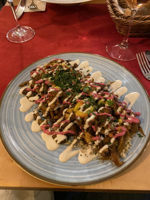 Mushrooms and tofu on quinoa at Aubergine in Bucharest