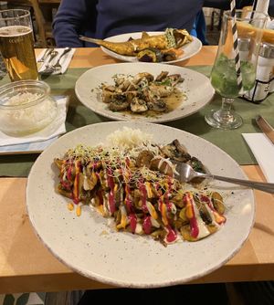 Vegan dish and sea bass for not vegans  at Aubergine in Bucharest